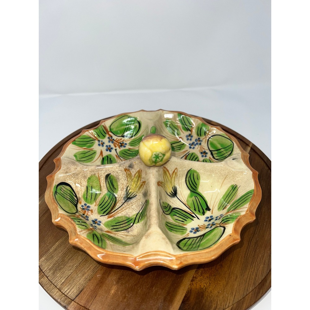Vintage‎ Italian Style Majolica Ceramic Divided Serving Dish Floral Pear Handle